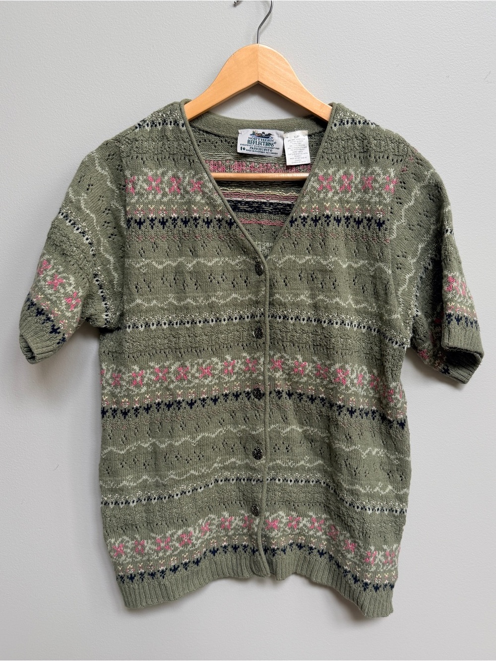Northern Reflections Olive Green Short Sleeve Fair Isle Cardigan Size Small